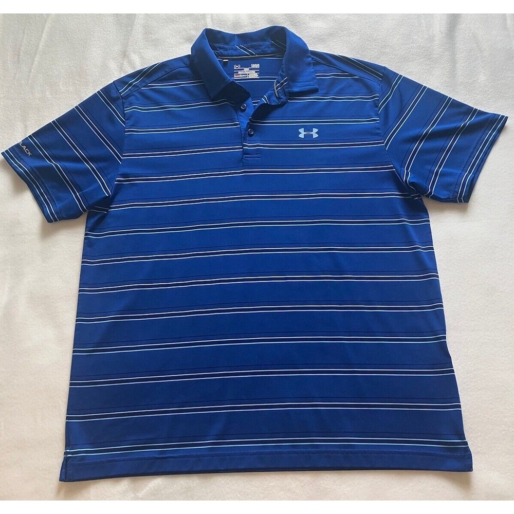 Under Armour Men's Large ColdBlack Heat Gear Loose Striped Blue Golf Polo